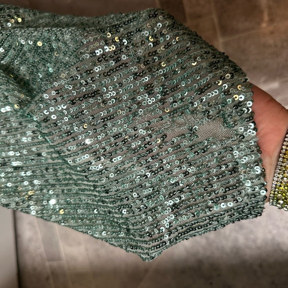 NWT La Femme Glitter Green Sequin Goddess Sexy To the Floor Low Back Gown - Picture 15 of 16